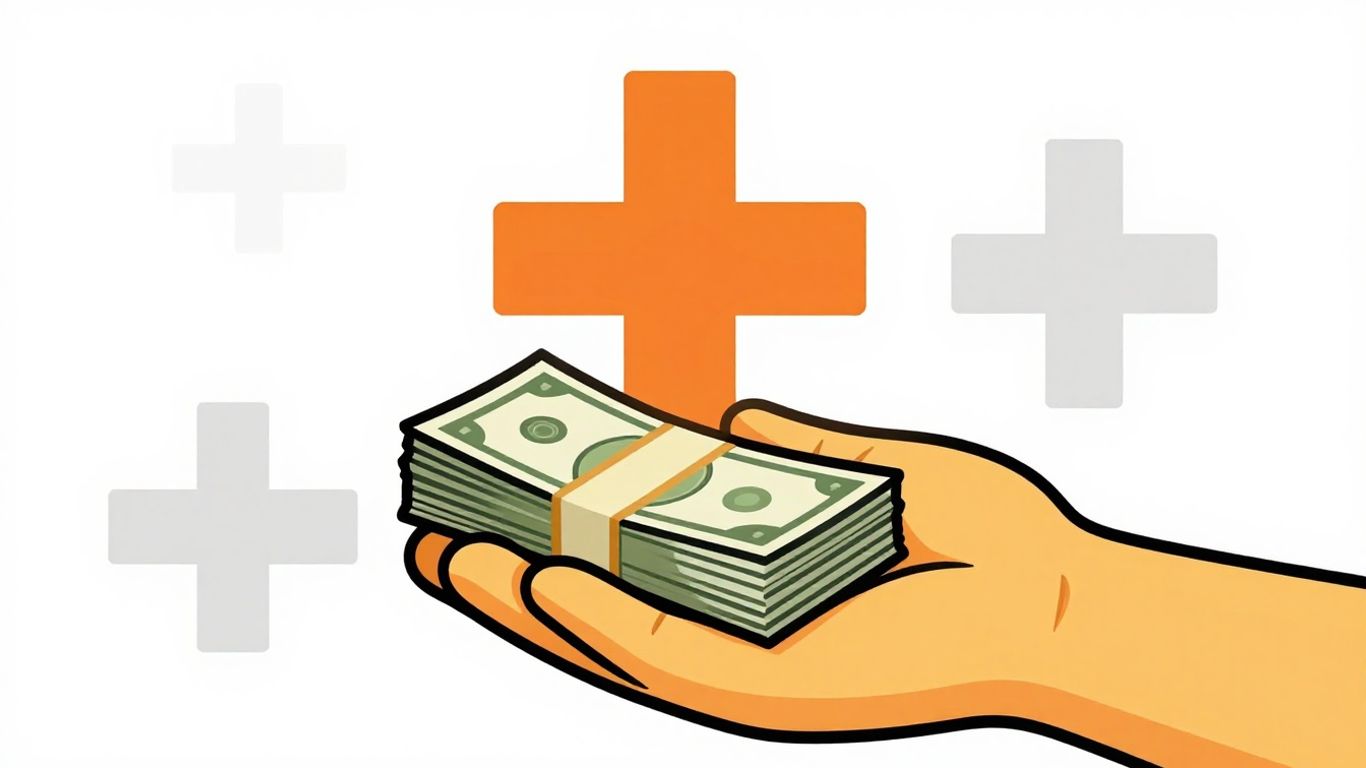 Cartoon hand holding money with medical cross.
