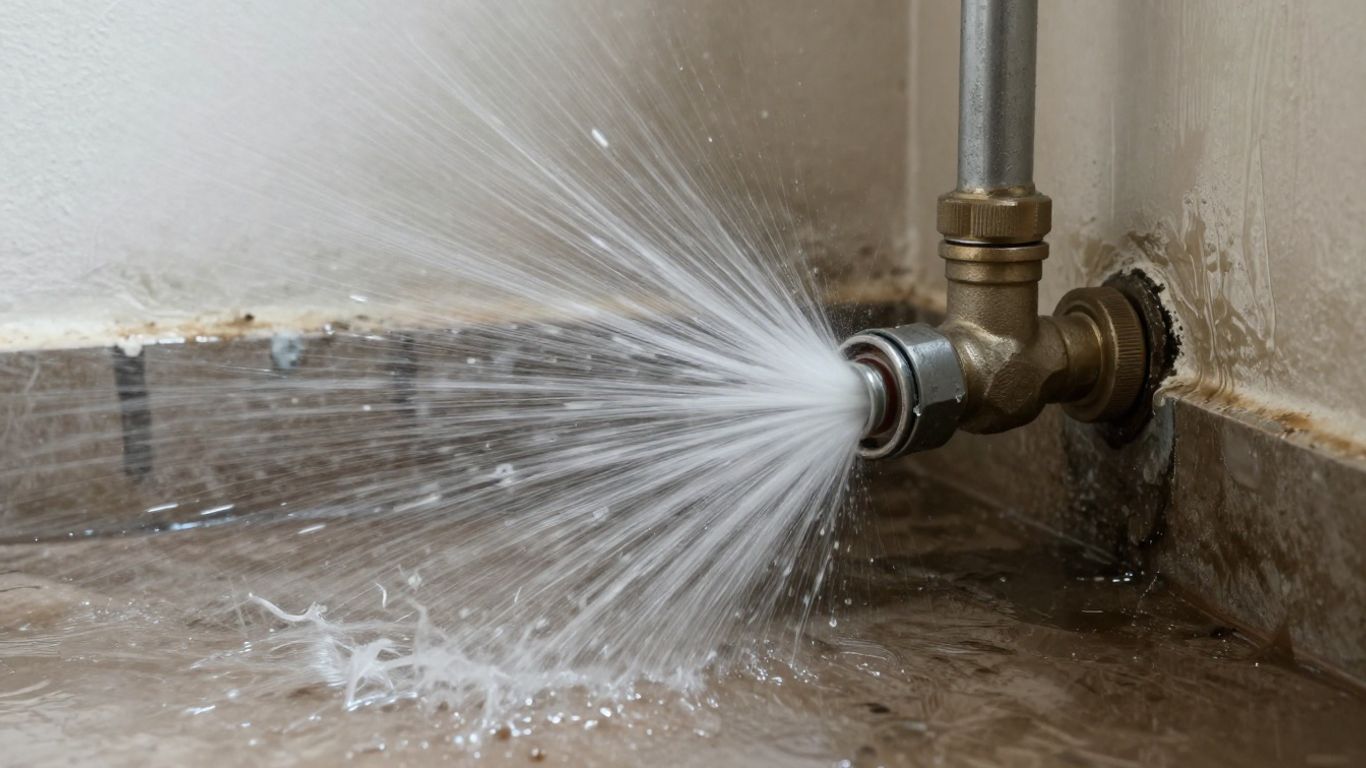 Burst pipe spraying water, causing water damage.