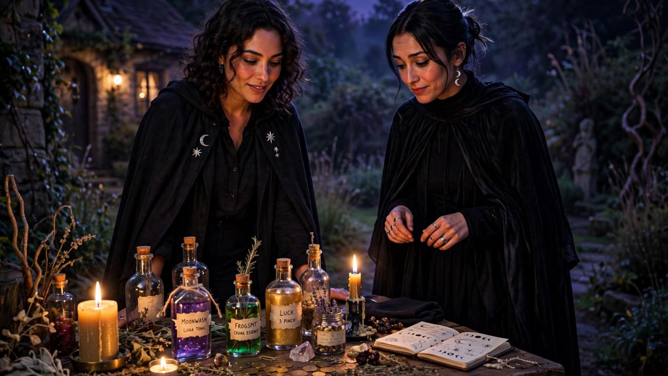 Two women, potion bottles, candles, and coins beneath a moonlit sky