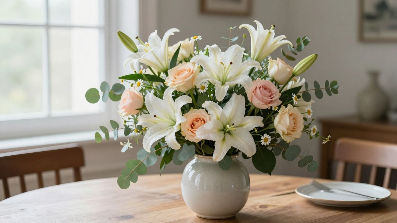 Fresh mixed flower bouquet in a ceramic vase