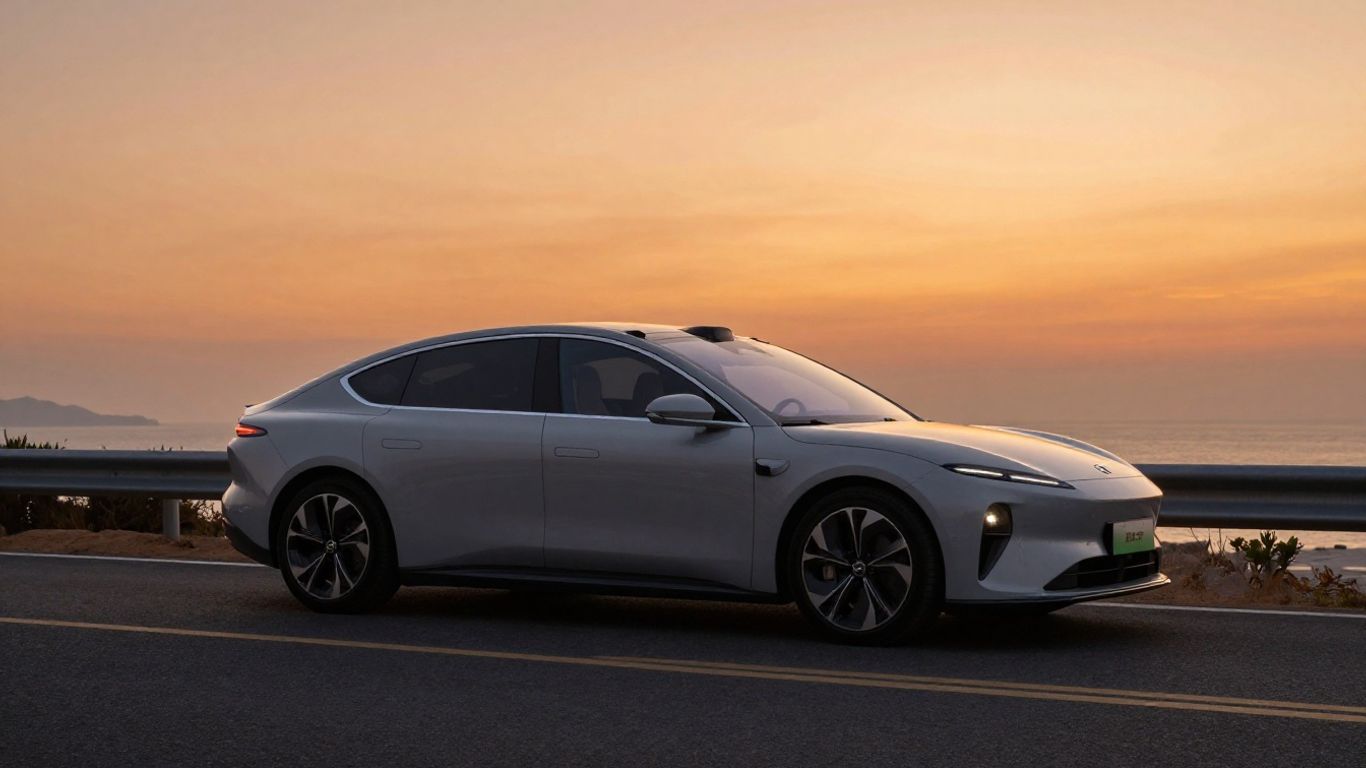 Stromlinienförmige Limousine bei Sonnenuntergang