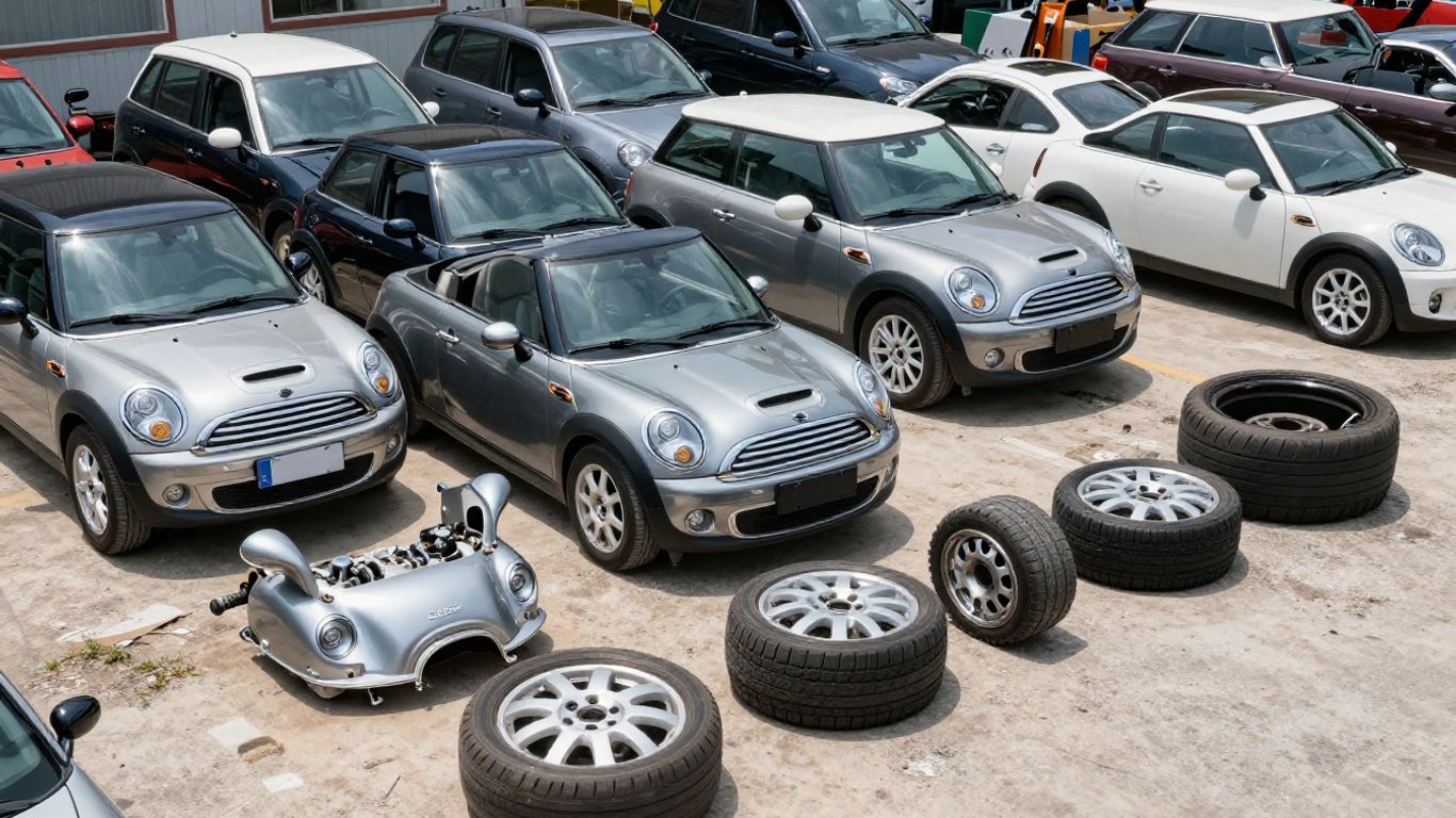 Mini Cooper car parts in a wrecking yard.
