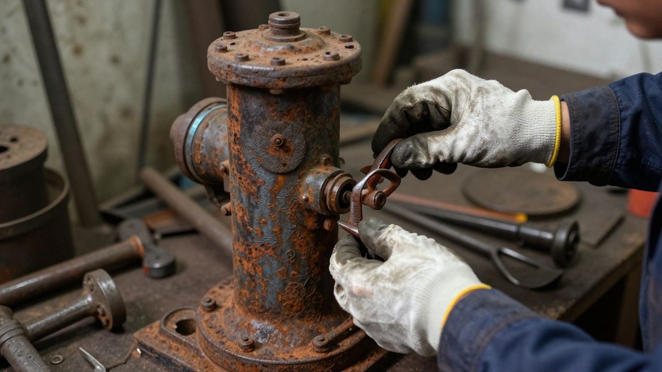 A weathered water pump inspection in a workshop