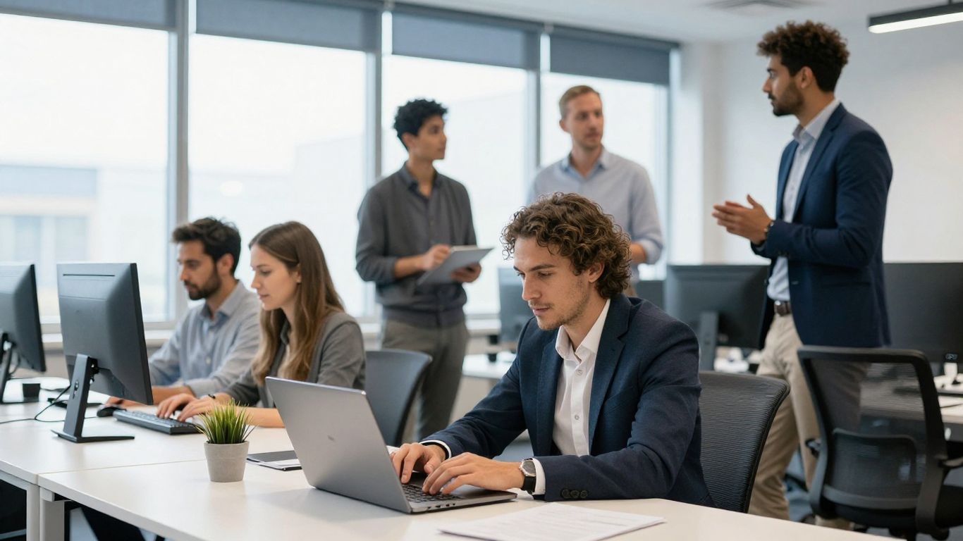 Menschen arbeiten im Büro und diskutieren.