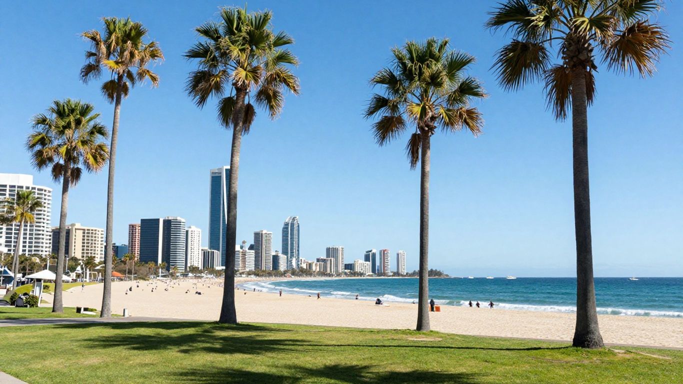 Gold Coast skyline with beach and palm trees.