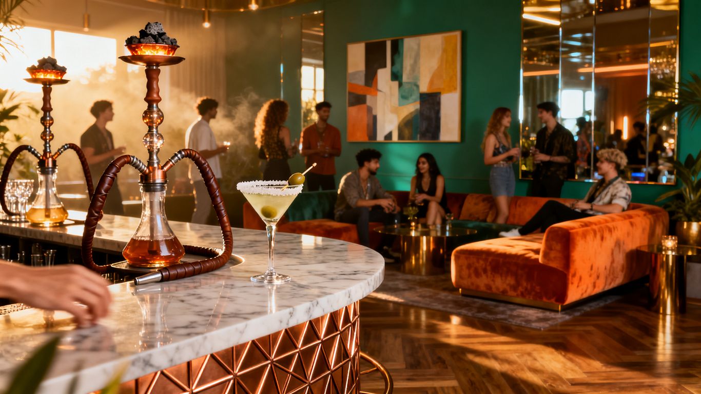 A modern lounge bar interior with ambient lighting