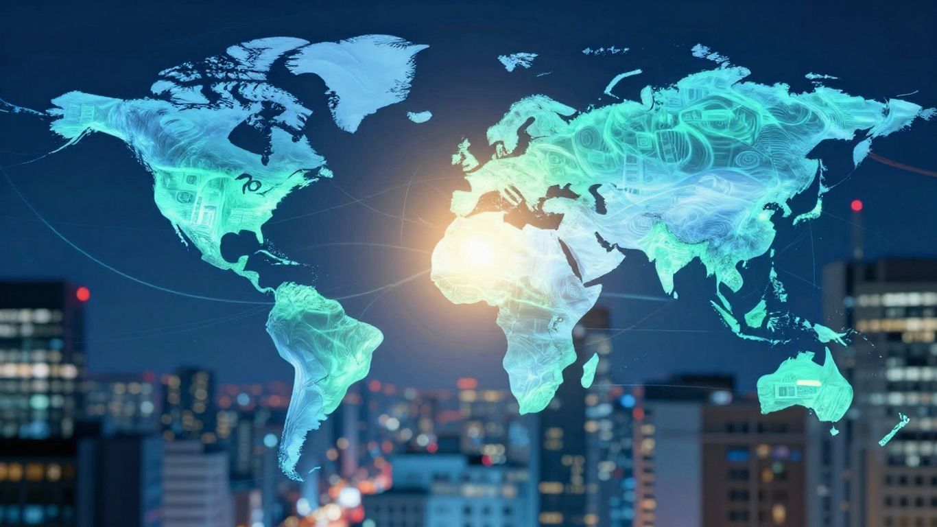 Global currency exchange with abstract financial movement.