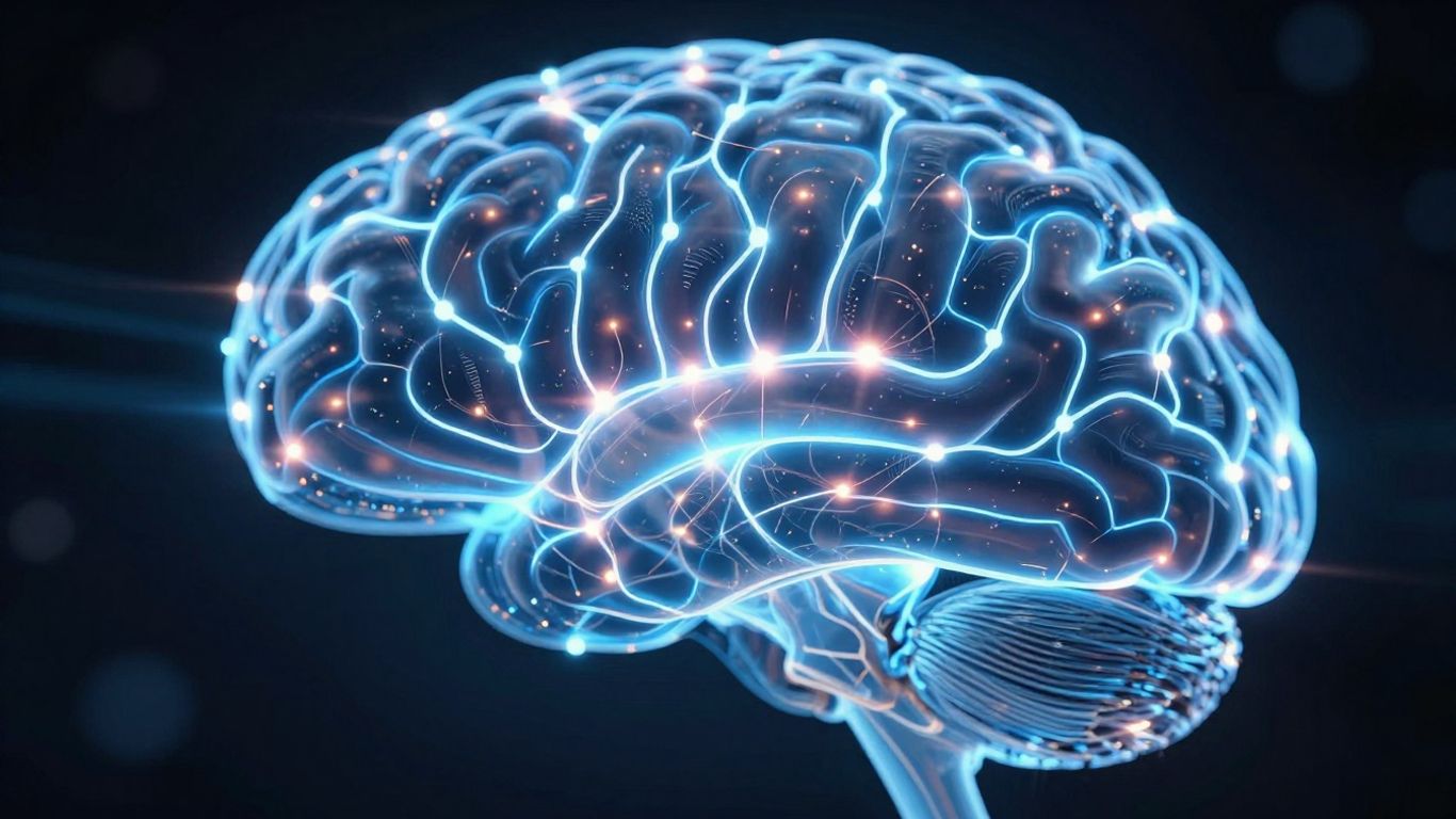 Abstract digital brain with glowing nodes and pathways.