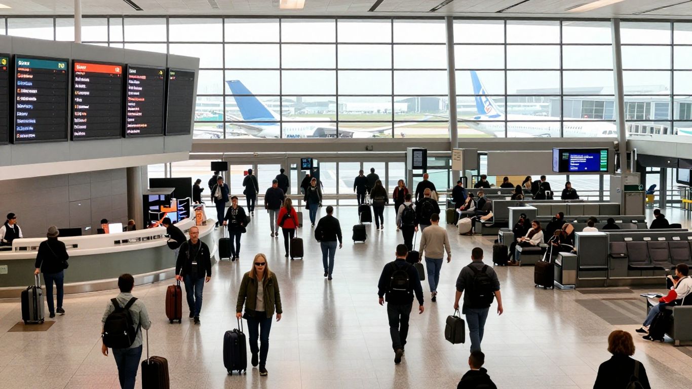 Travelers in airport navigating flight disruptions.
