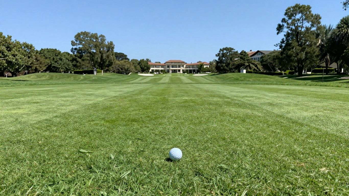 Golf course fairway with rolling hills and resort.