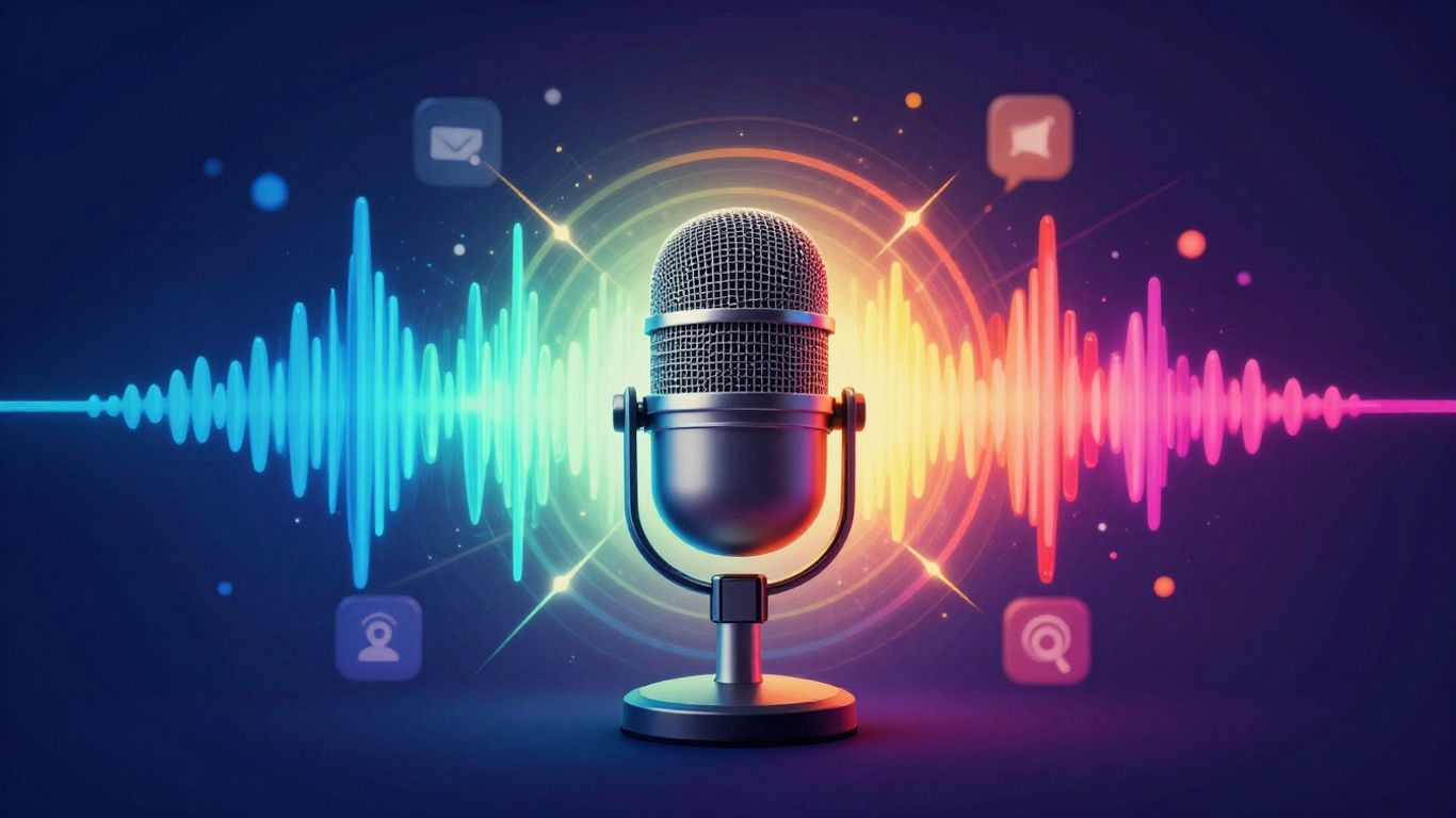 Micrófono rodeado de ondas sonoras y redes sociales.