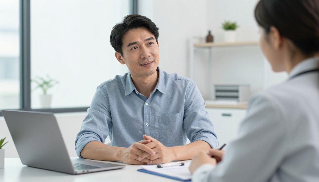 A confident man in his 40s discussing a health plan with a male provider in a modern, well-lit clinic office.