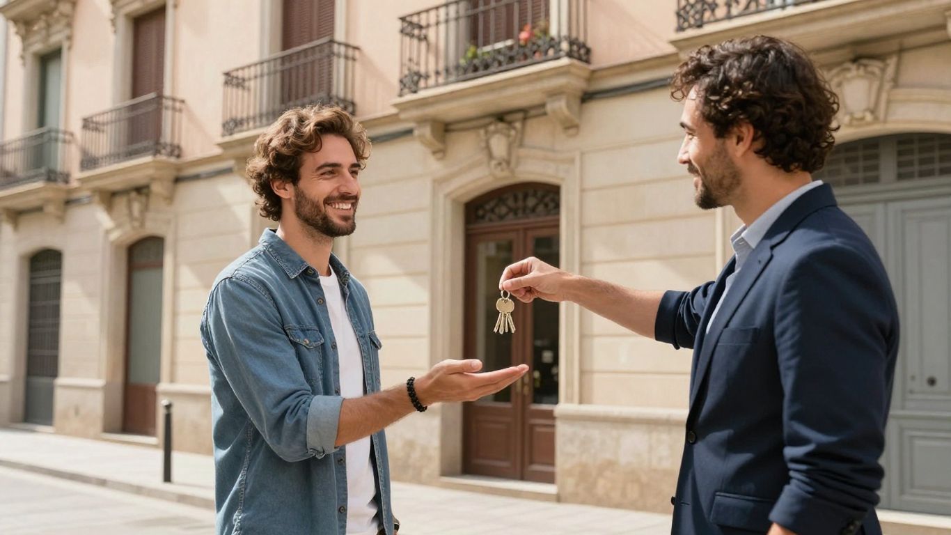Couple with keys and agent in front of Barcelona apartment.