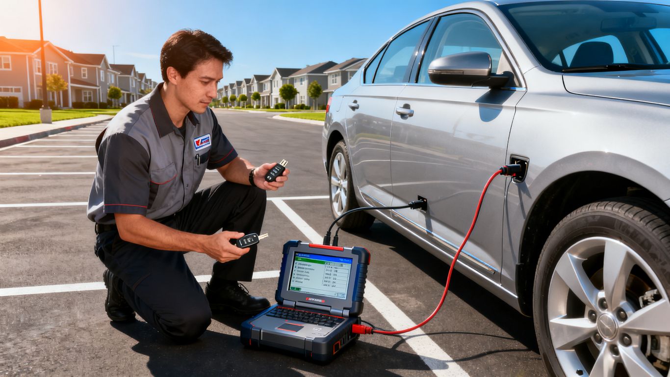 A technician working on a car door in a parking lot