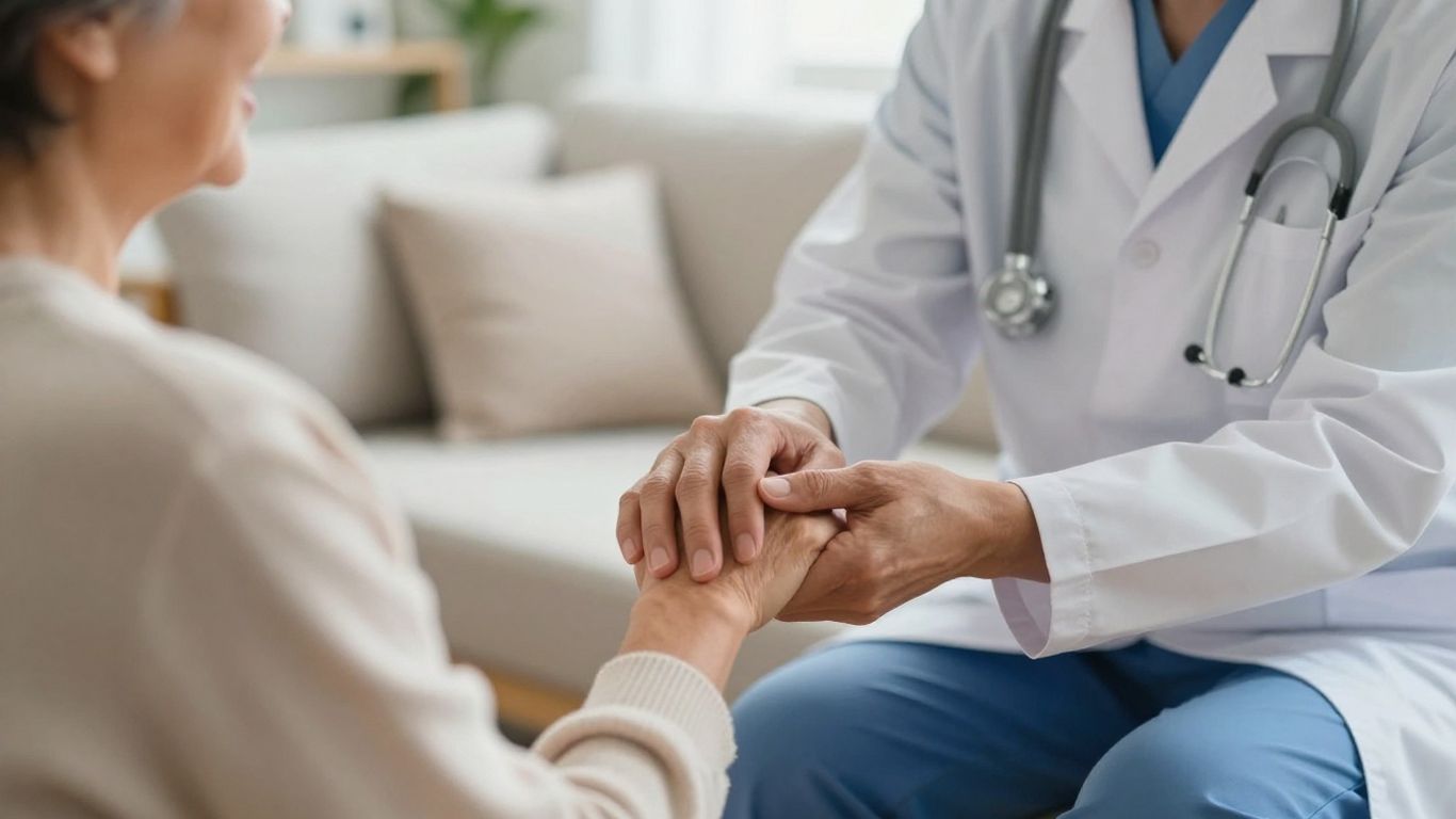 Healthcare professional comforting elderly patient at home.