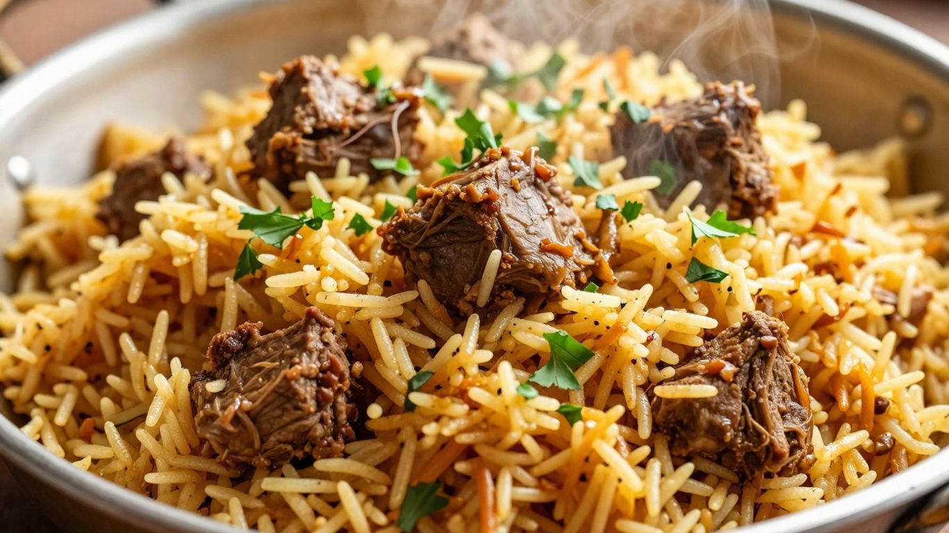 Mutton Yakhni Pulao in a serving dish