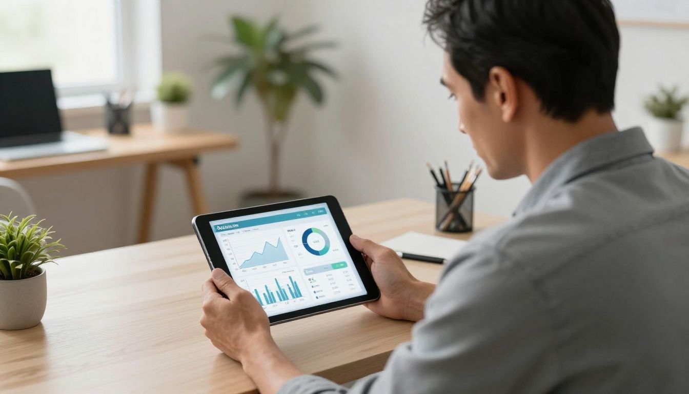 A thoughtful man in his 40s looking at a health dashboard on a tablet, with charts and graphs visible, in a modern, well-lit home office.