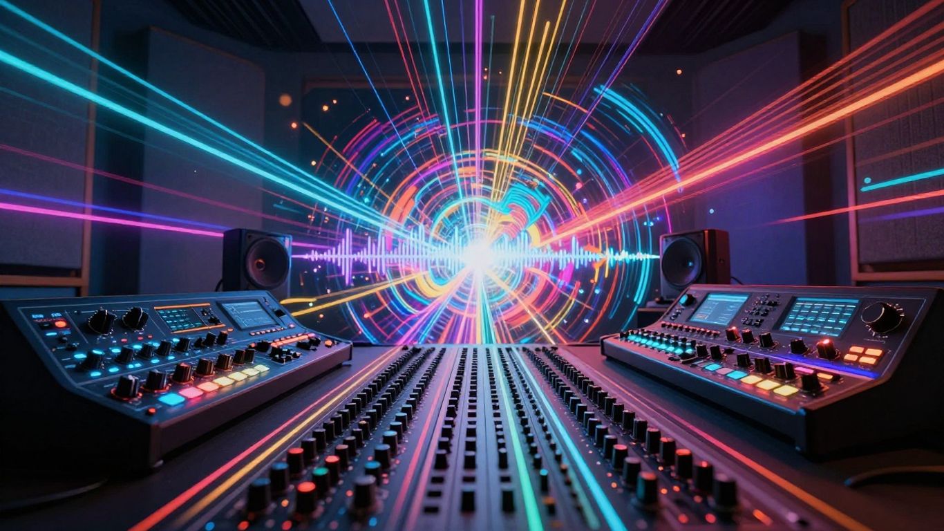 Futuristic music studio with glowing sound waves.