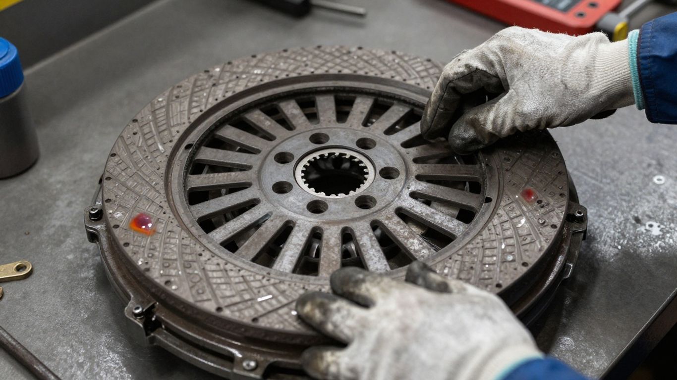 Renault clutch and flywheel during workshop inspection