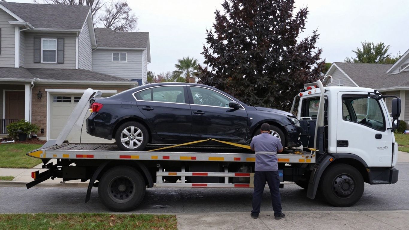Car wrecking truck collecting damaged vehicle