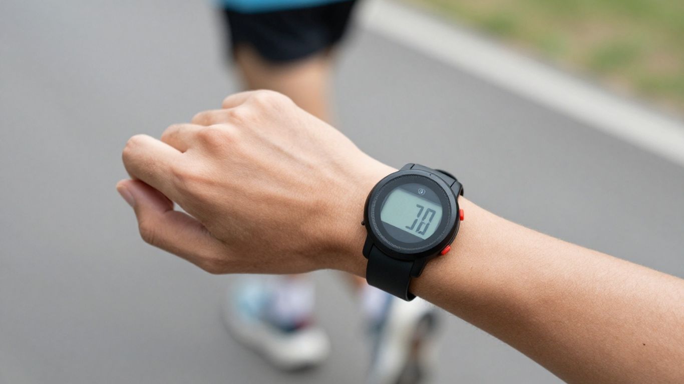 Runner's wrist with heart rate monitor during a run.