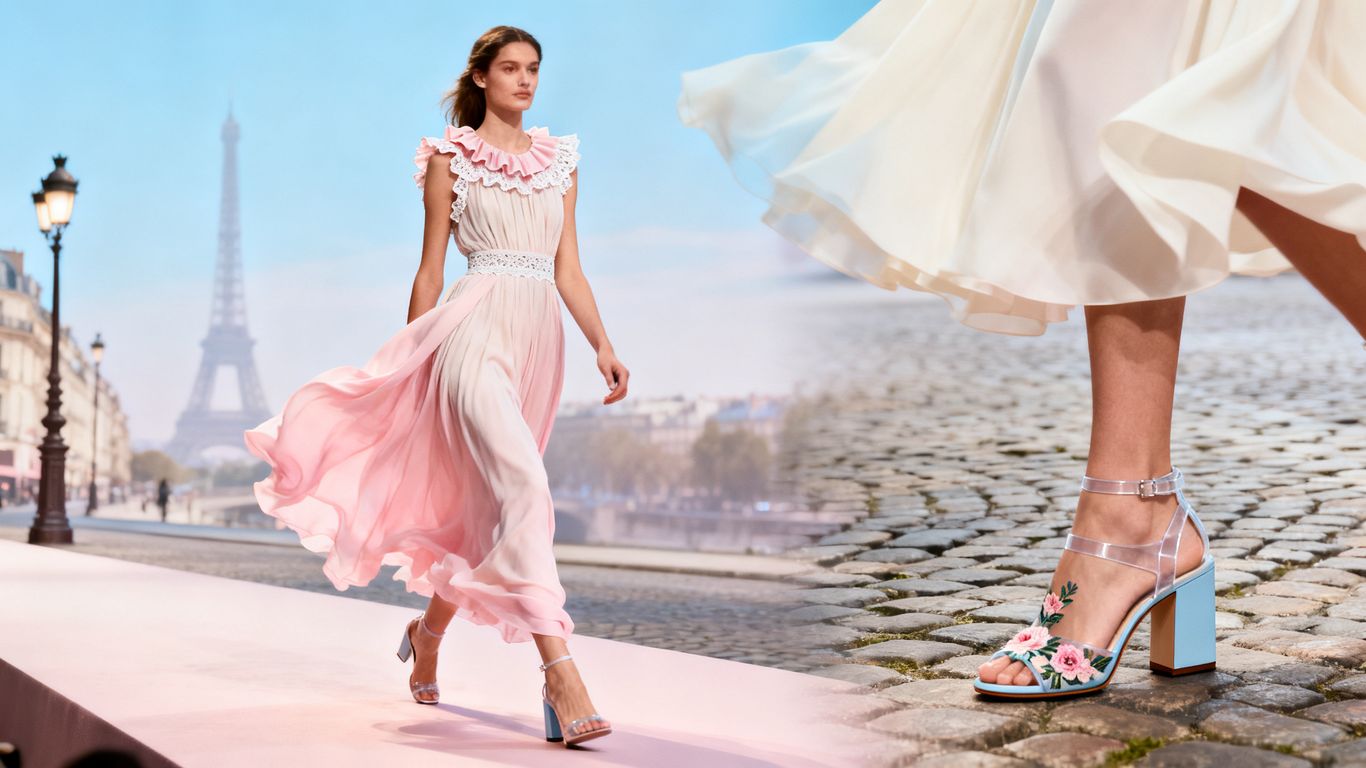 Runway models display Parisian-inspired spring and summer fashion trends.