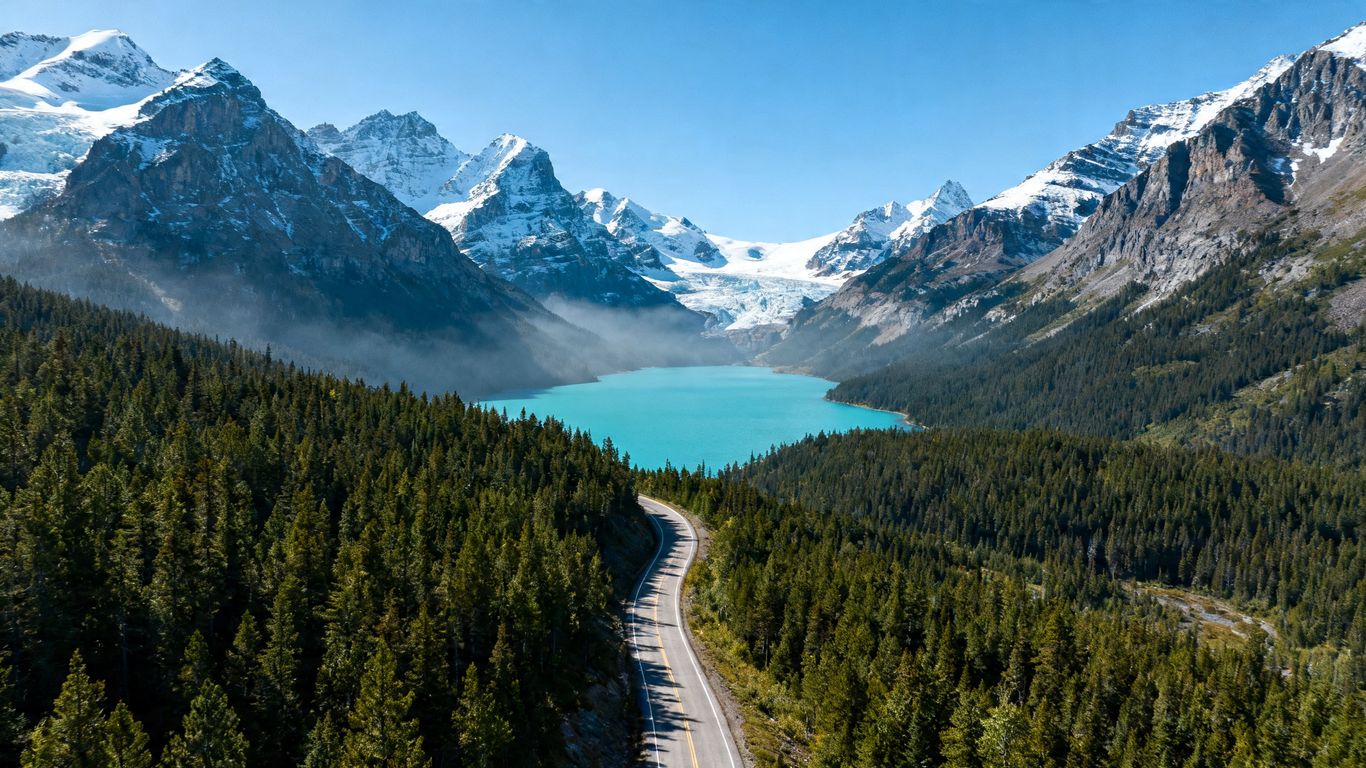 Scenic road through Canadian Rockies mountains and turquoise lake.