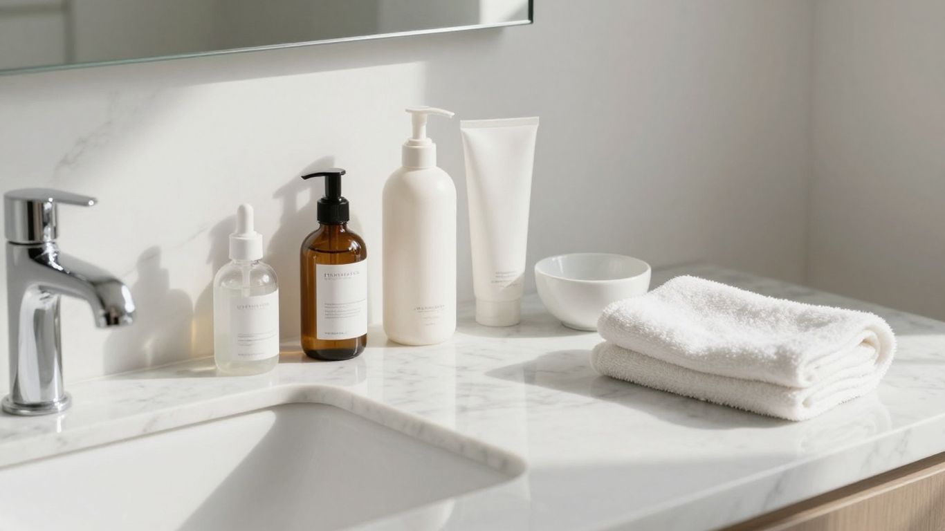 A clean organized morning skincare setup