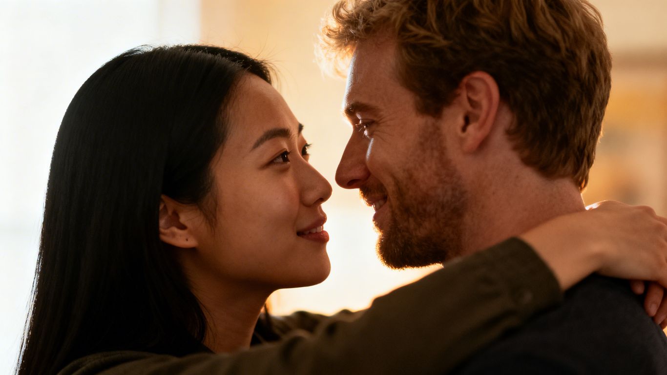 Couple embracing, bridging cultural differences.