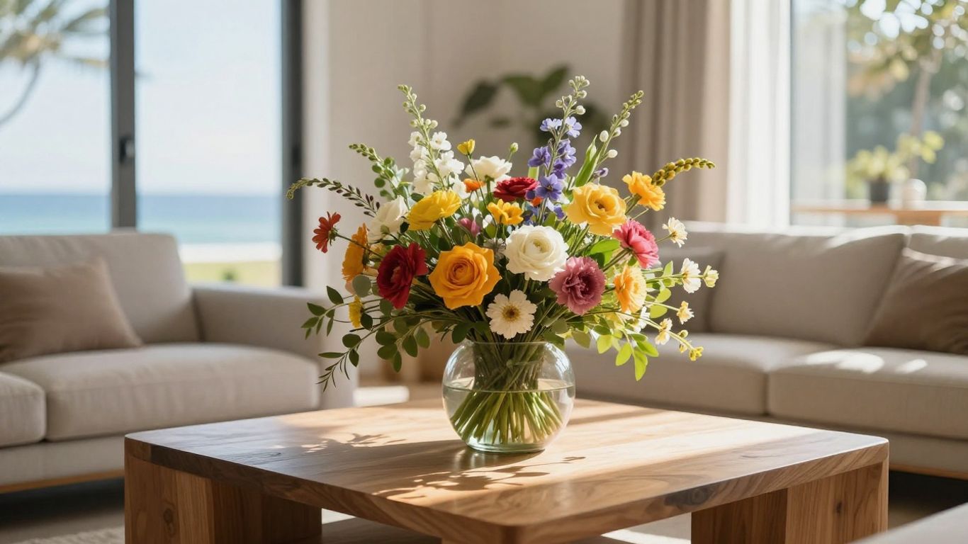 Fresh seasonal blooms in a sunlit coastal room