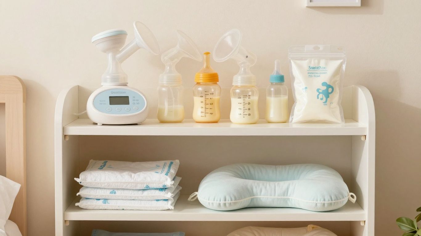 Breastfeeding essentials on a nursery shelf.