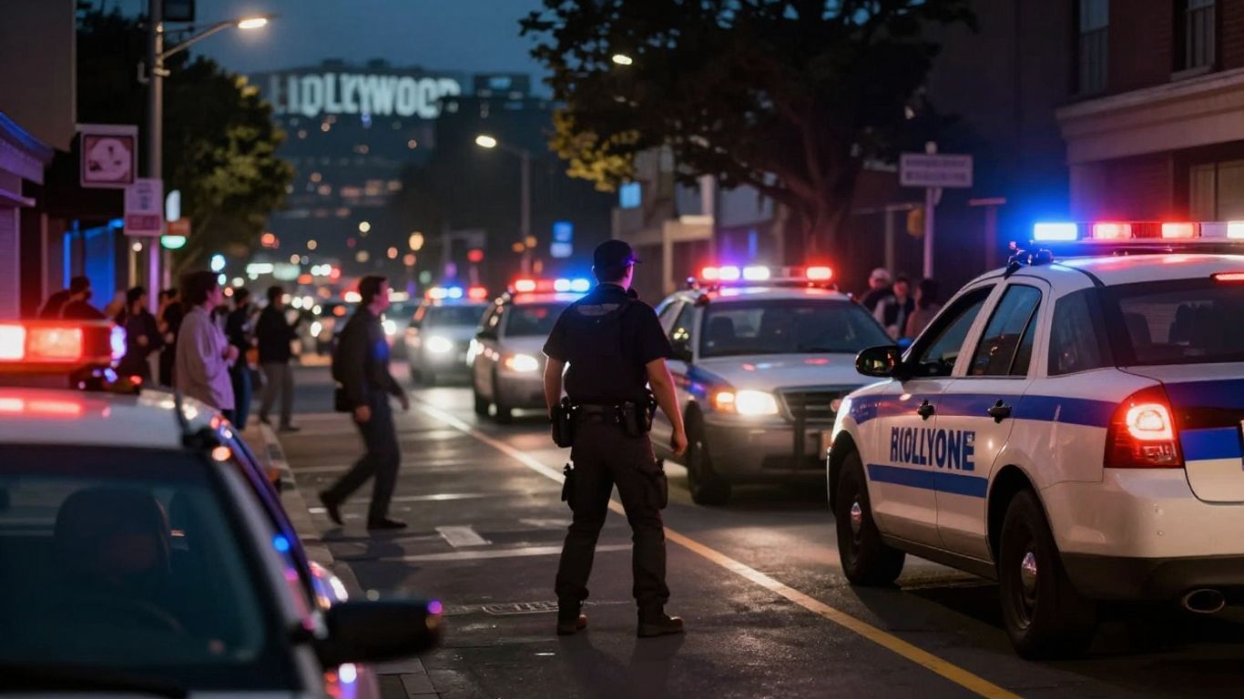 Hollywood street scene with police lights and emergency vehicles.