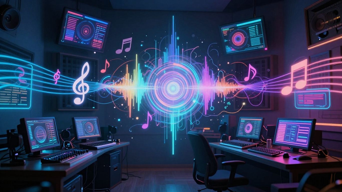 AI music video creation studio with holographic interfaces.