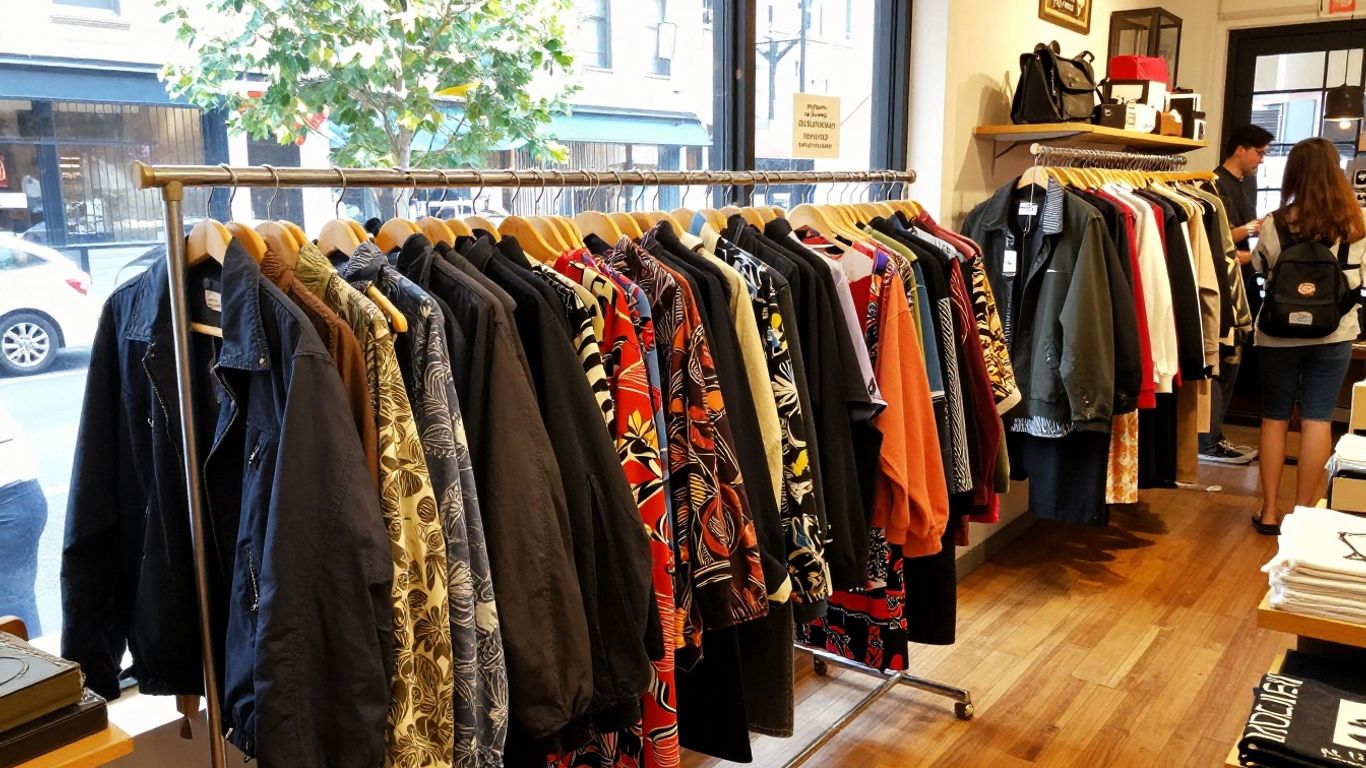 Colorful secondhand clothing racks in Brunswick