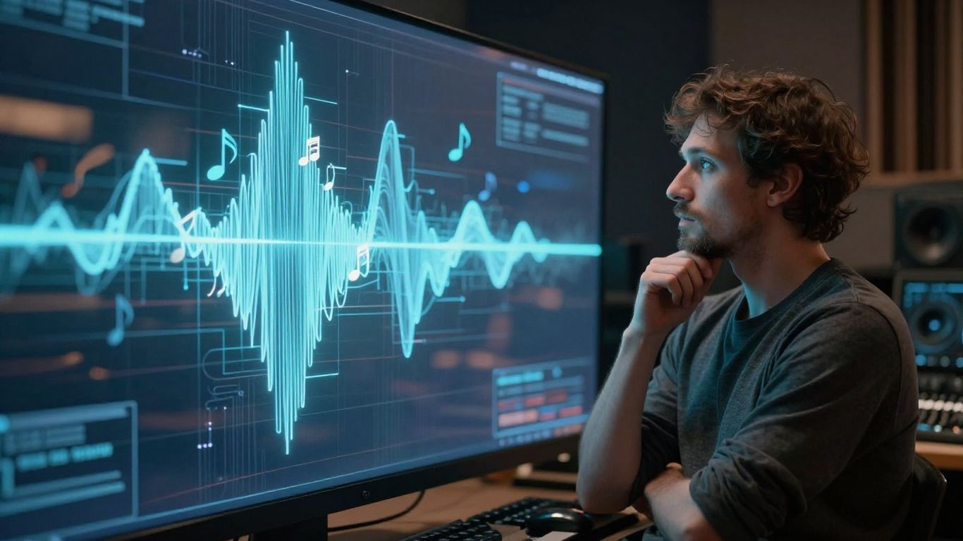 Musician contemplating AI music waveform
