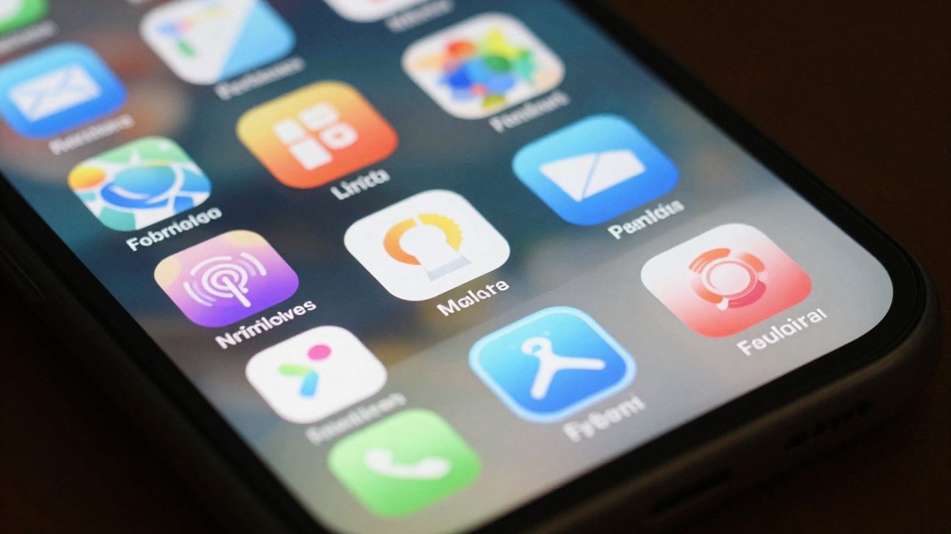 Tela de celular com ícones de aplicativos curiosos e coloridos.