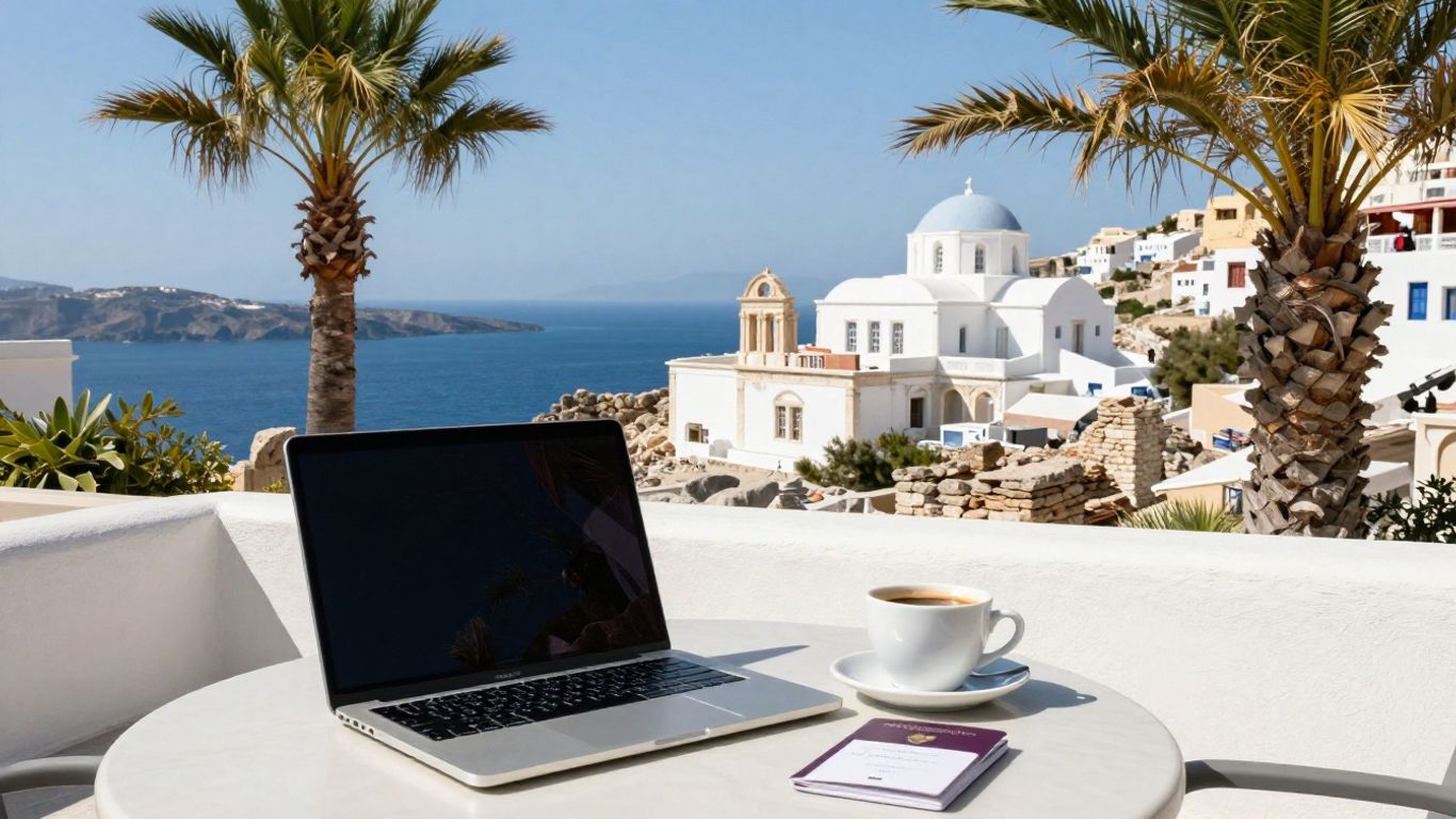 Digital nomad working remotely in Greece with laptop and sea view.