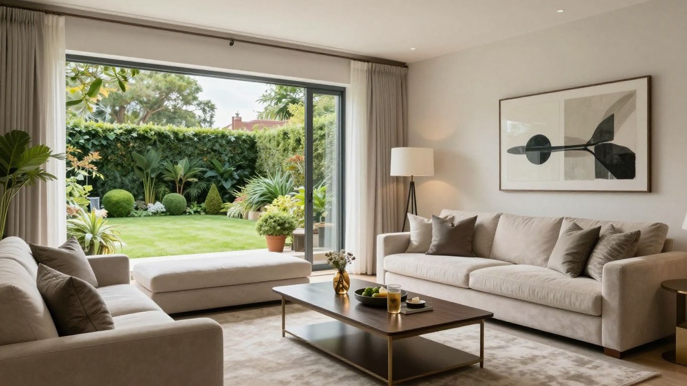 Luxurious modern living room with garden view.