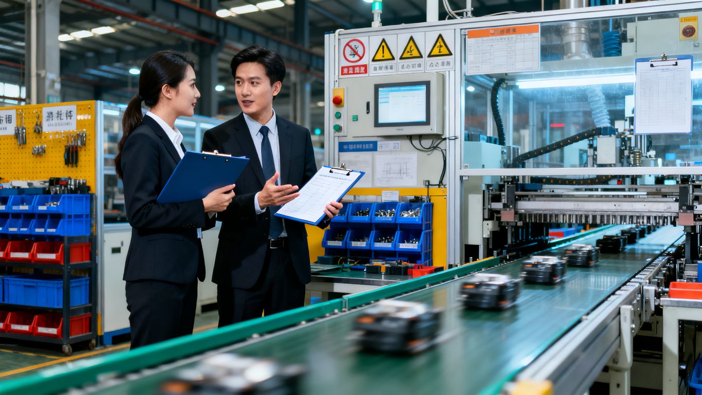 A professional factory audit taking place on a production floor