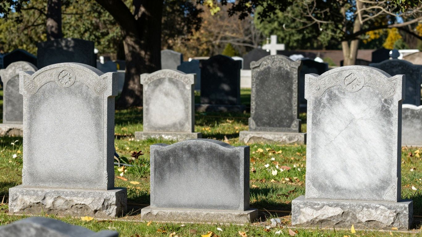 Various headstone styles and materials in a cemetery.