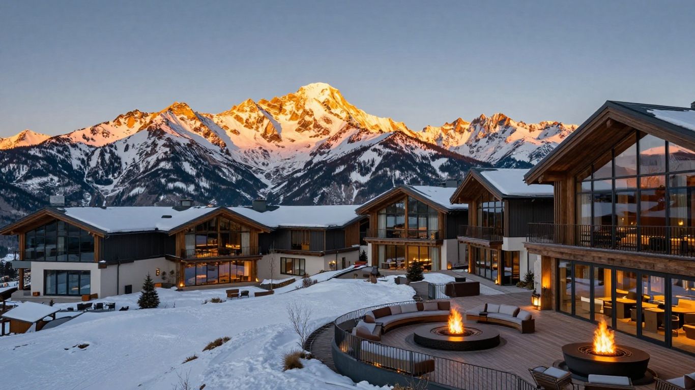 A panoramic mountain resort view at sunset