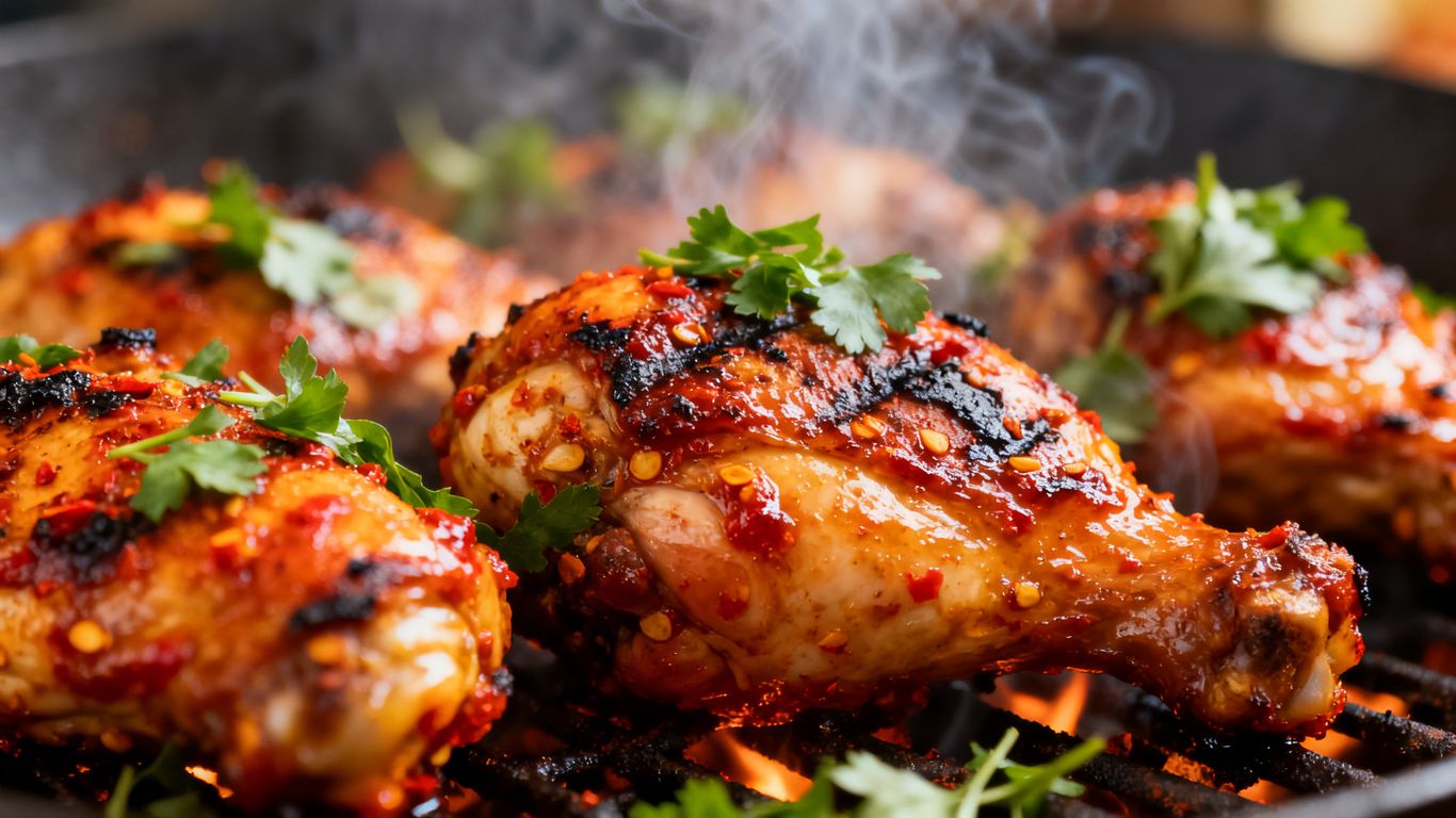 Flame-grilled peri-peri chicken thigh with herbs.