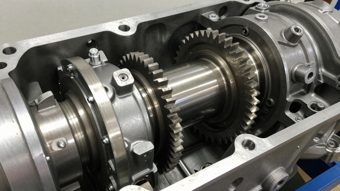 Automotive gearbox with visible gears and internal components.