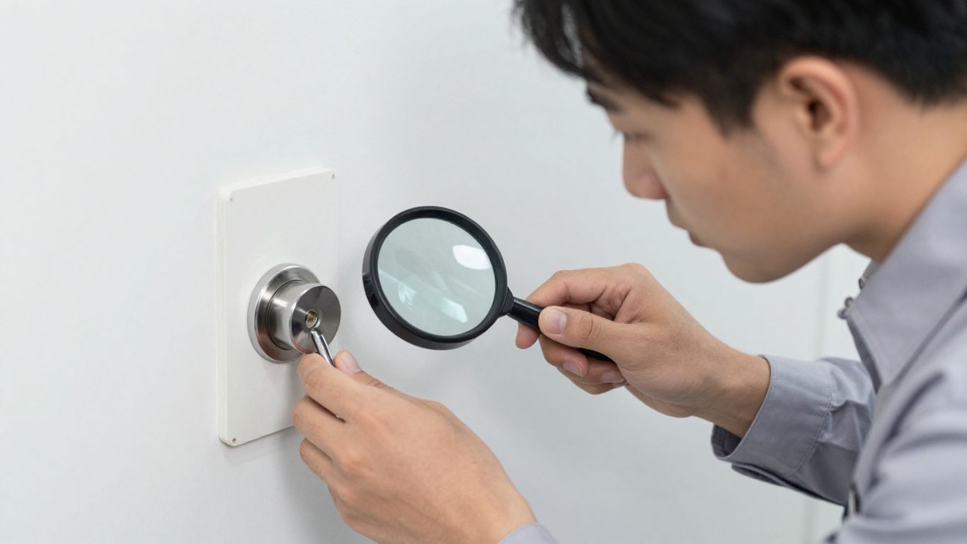 Credentialed locksmith inspects lock hardware