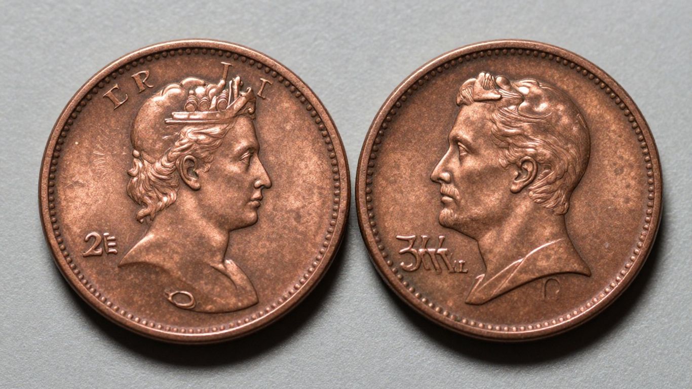 Two antique two-cent copper coins, close-up view.