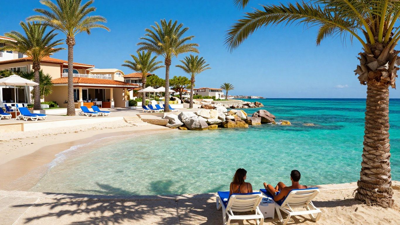 Couple relaxing on a sunny European beach.