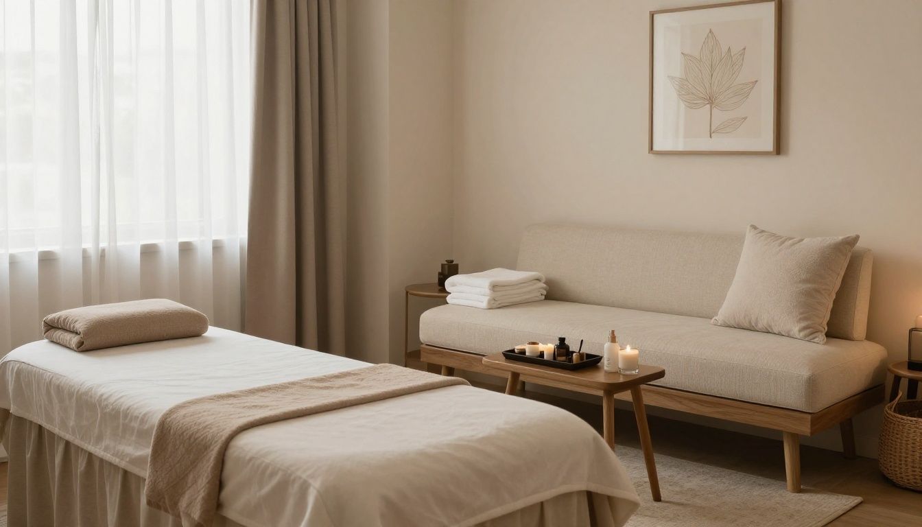 A peaceful and inviting spa treatment room with comfortable furniture, soft textures, and a relaxing vibe for clients 