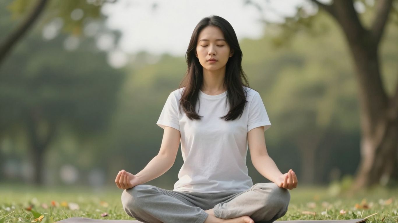 Pessoa meditando em ambiente calmo e natural.