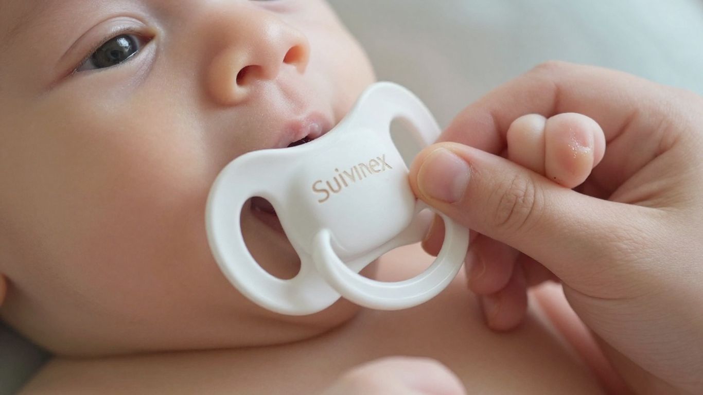 Chupete Suavinex personalizado en mano de bebé.