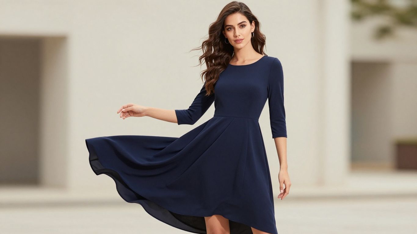 Woman wearing a fashionable 3/4 sleeve dress.
